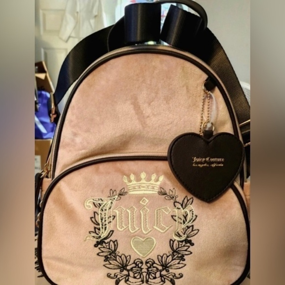 NWT Juicy Couture Soft Pink and Brown Velvet Backpack with Juicy Heart Charms🩷